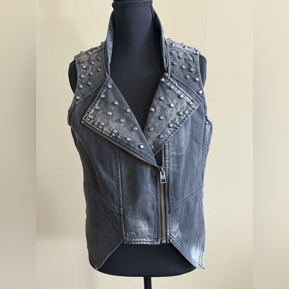 Harley Davidson Black/Grey Denim Metal Studded Women’s Biker Vest Size Medium